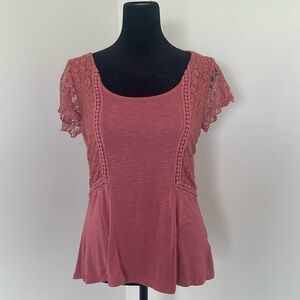 Maurices Pink Short Sleeve Blouse with Lace Size Small